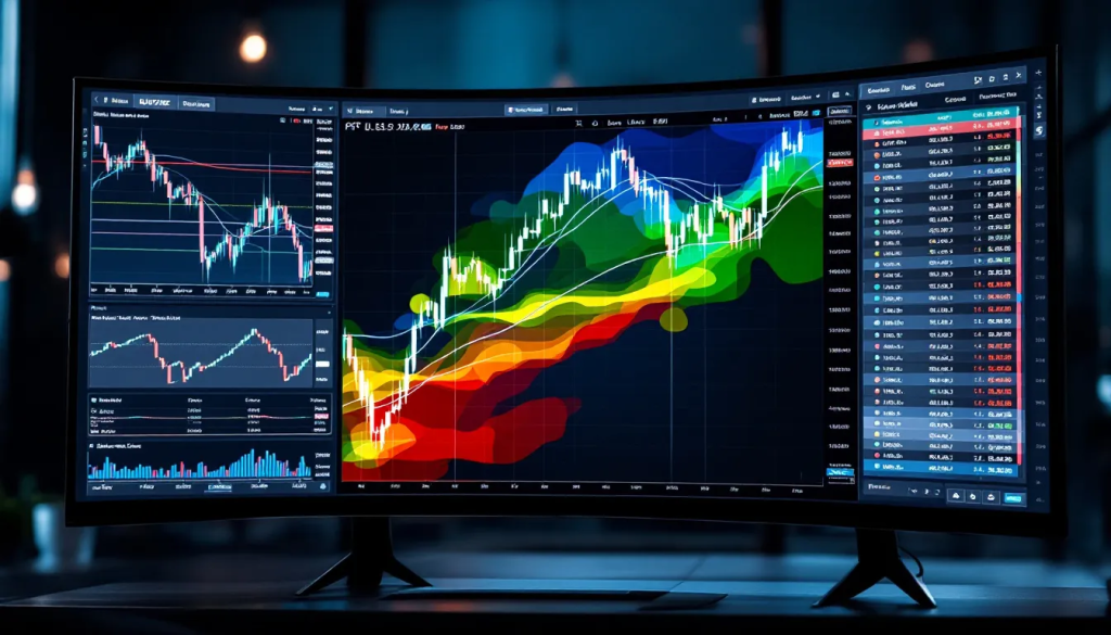 A curved computer monitor displays advanced trading tools and platforms for relative value analysis.