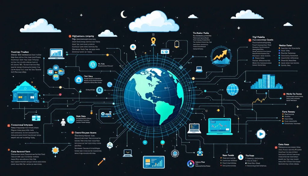 A global network infographic illustrates various tools and technologies for quantitative trading systems.