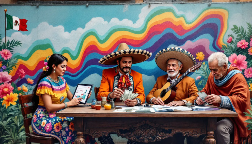 Trade Mexican Peso Futures, depicts people analyzing financial charts and managing money.