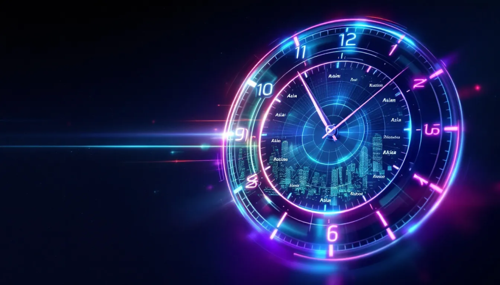 Trading Hours and Sessions, displays a futuristic glowing clock featuring Asian cities.