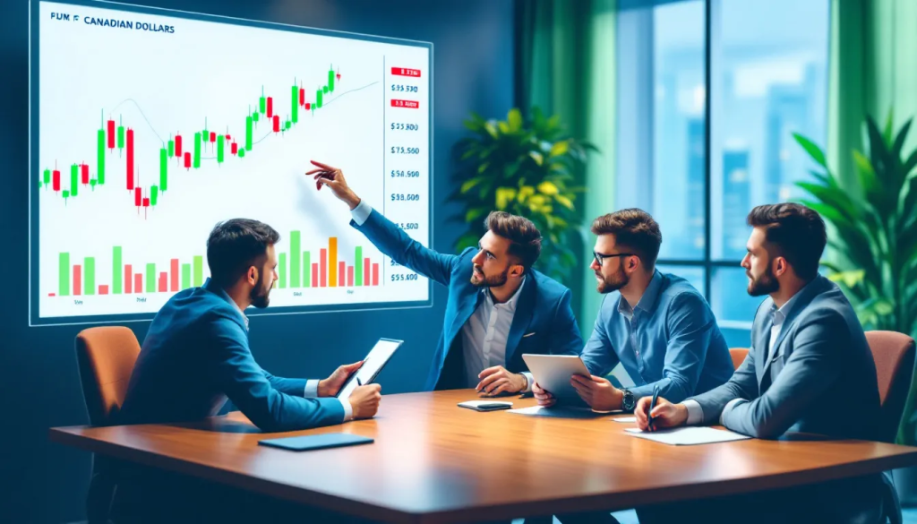 Trading Strategies for CAD Futures, shows professionals analyzing financial market charts together.