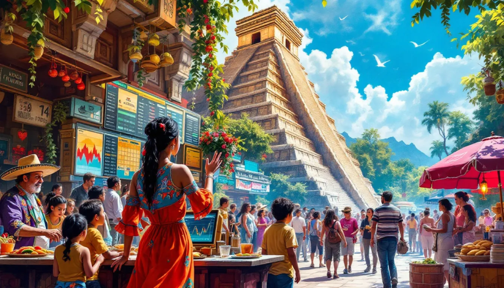 Trading Strategies for Mexican Peso Futures, shows a busy market with ancient ruins.