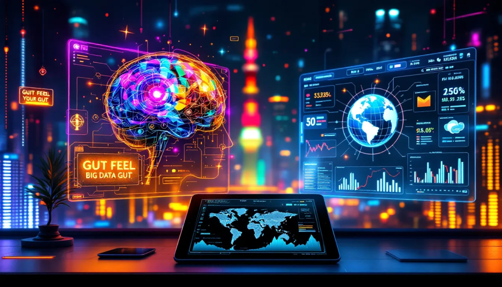 Glowing digital screens display brain graphics and global analytics data against a city background.