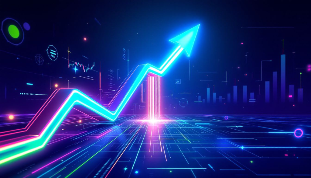 A glowing neon arrow rising over a digital landscape represents trend following futures trading.