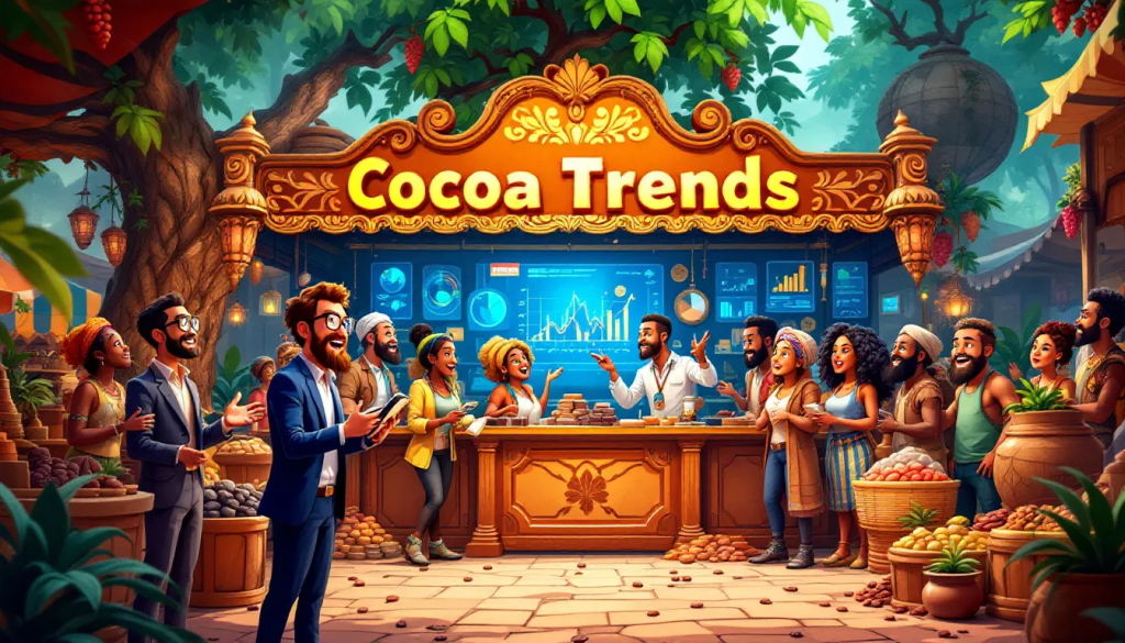 Trends and Forecasts, shows people analyzing data at a cocoa market stall.