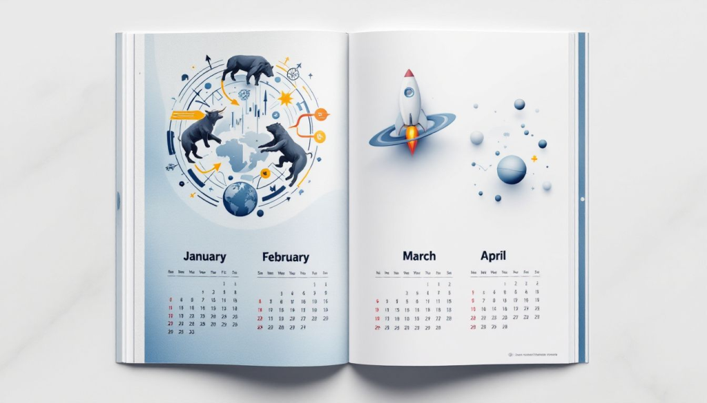 An open book displays creative graphics representing various types of calendar spread trading strategies.