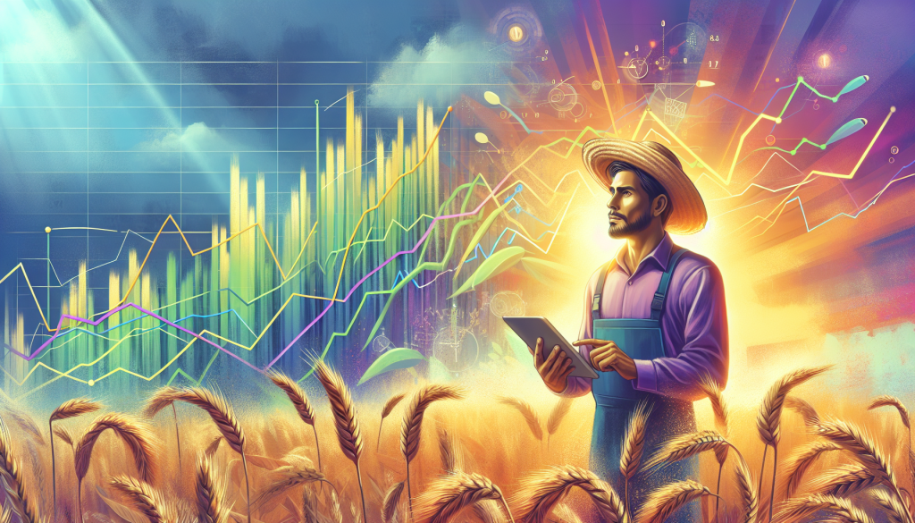 A farmer reviews market trends for different types of wheat traded globally on tablets.