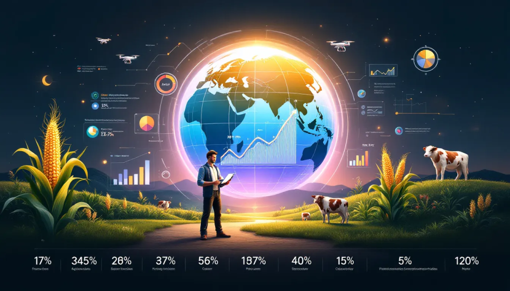 Understanding Agricultural Futures, features a digital globe and diverse farming data analytics.