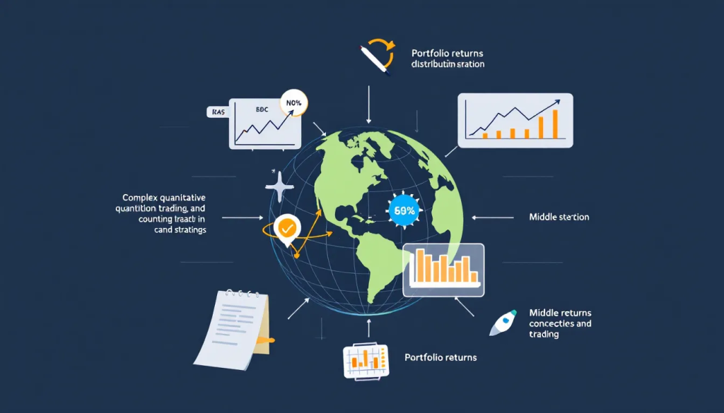 A stylized globe is surrounded by various financial charts and trading data elements.