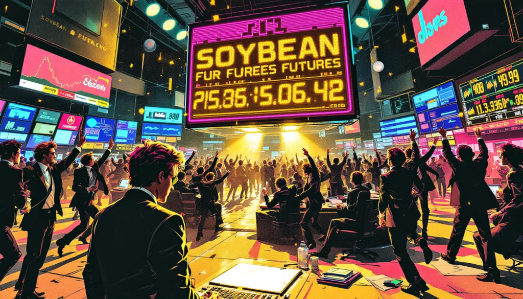 Traders on a busy market floor watch the digital ticker for soybean futures contracts.