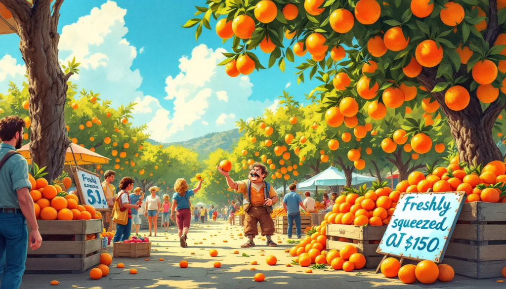Using Options in Orange Juice Trading image features people in a sunny orange grove.