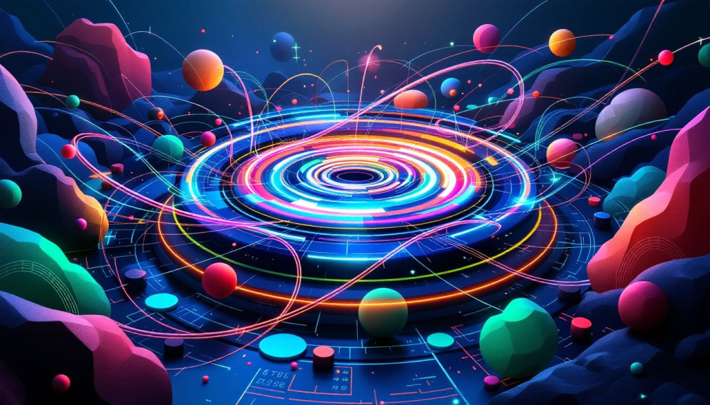 Colorful abstract spheres and neon light rings represent market volatility in trading environments today.
