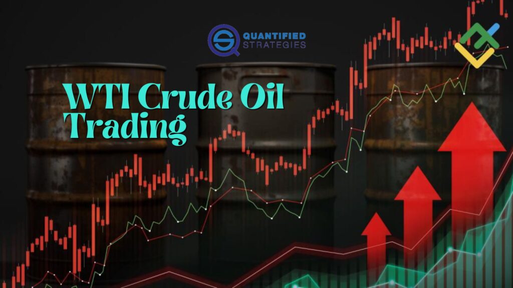 WTI Crude Oil Trading, features oil barrels and a rising financial chart.