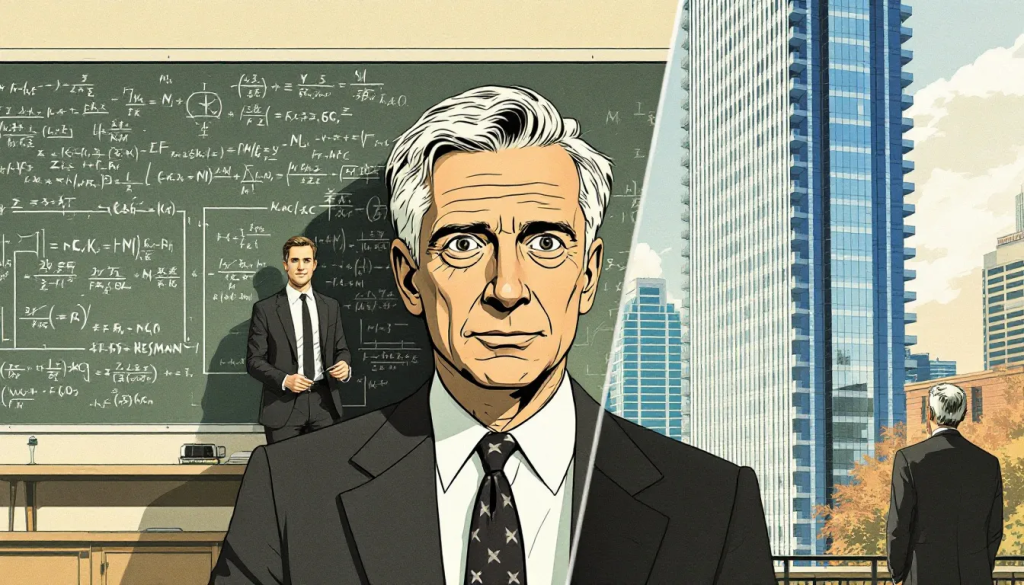 An illustrated portrait contrasts a mathematician in a classroom with a modern skyscraper background.