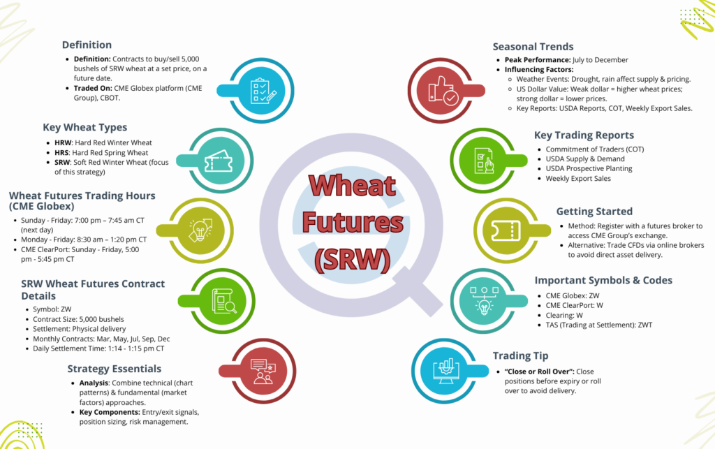 An informational graphic outlines contract specifications, trading hours, and key details for futures.