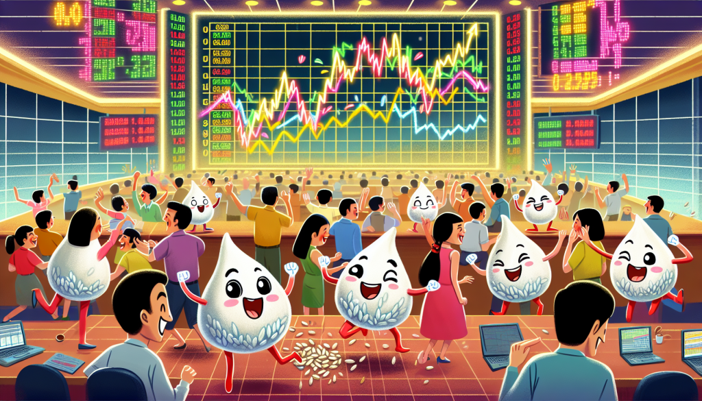 What is Long Grain Rough Rice image depicts a festive market floor scene.