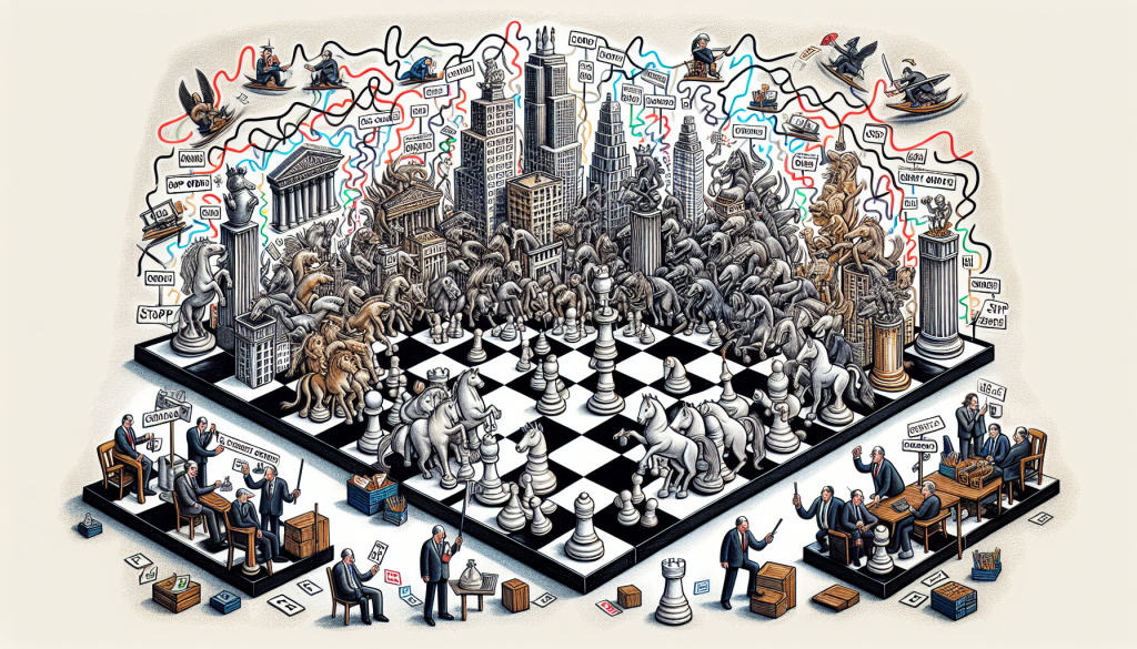 An intricate chess board game features complex city architecture and strategizing figures.