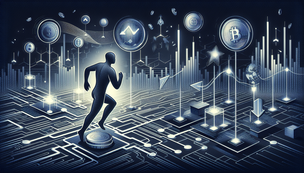 A glowing digital figure runs across a futuristic circuit board surrounded by financial icons.
