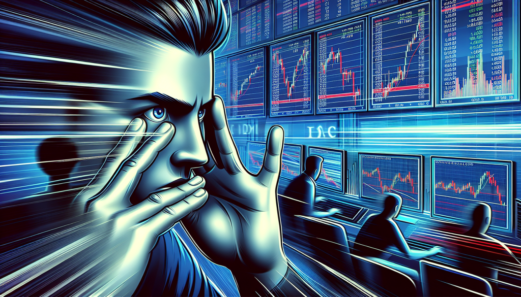A focused trader experiences high-speed market action surrounded by glowing monitors and financial data.