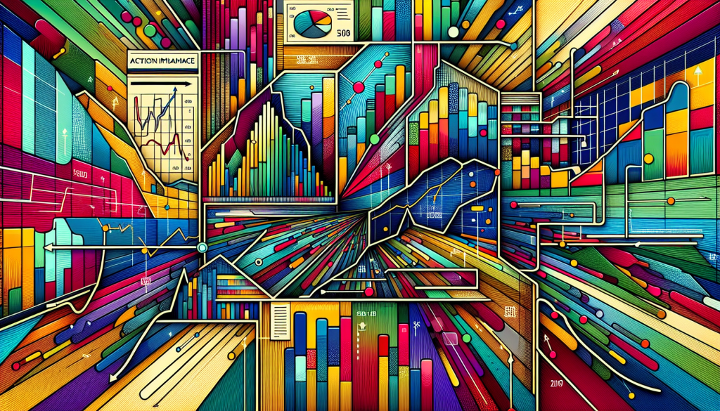 A vibrant abstract visualization features colorful financial charts and market data panels.