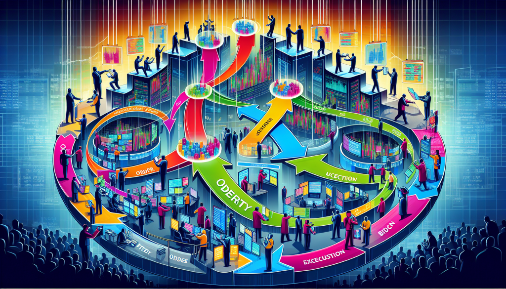 A detailed digital illustration depicts traders and financial charts organized in a complex network layout.