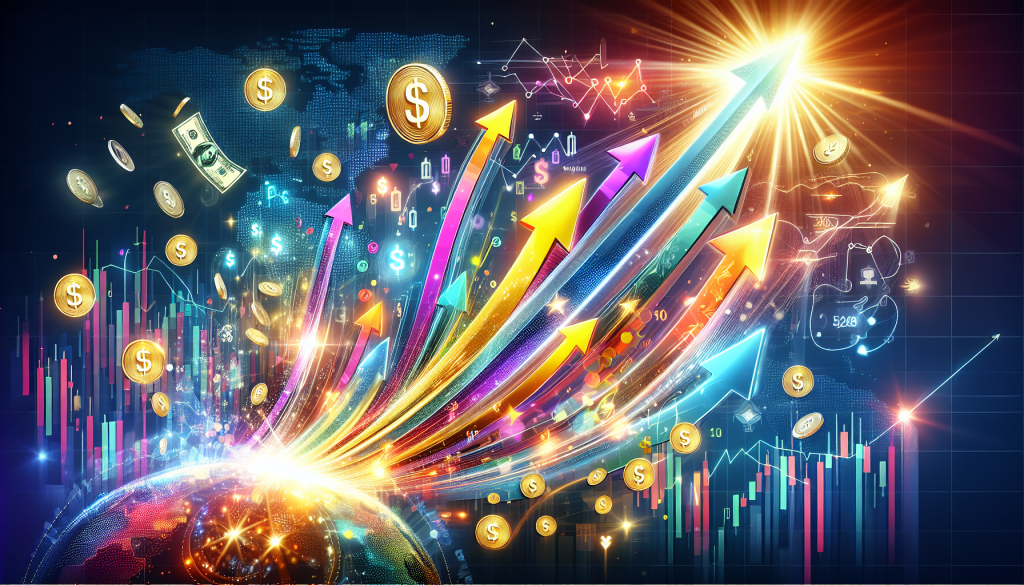 Bright glowing financial arrows and floating golden coins shoot upward across digital charts.