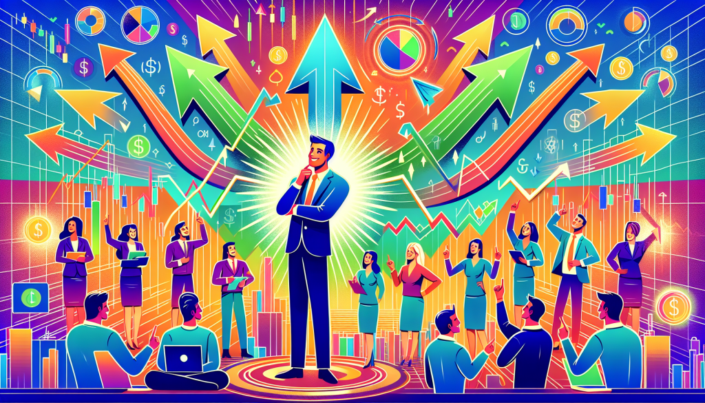 A confident businessman stands surrounded by glowing financial charts and cheering colleagues.