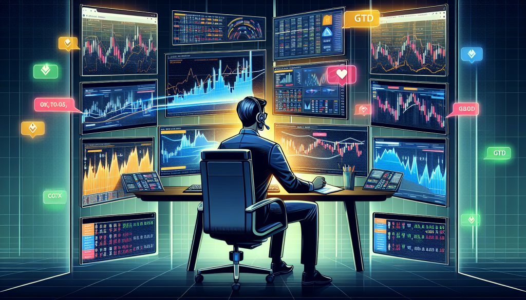 A focused professional sits before multiple glowing screens displaying live financial market charts.