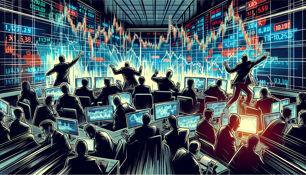 Traders sit at computer desks below massive glowing financial market charts and numbers.