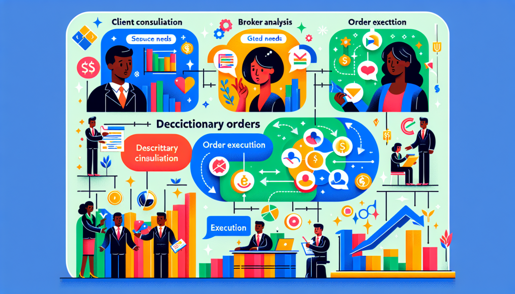 A colorful infographic illustrates a broker managing trades and client consultations during market activities.