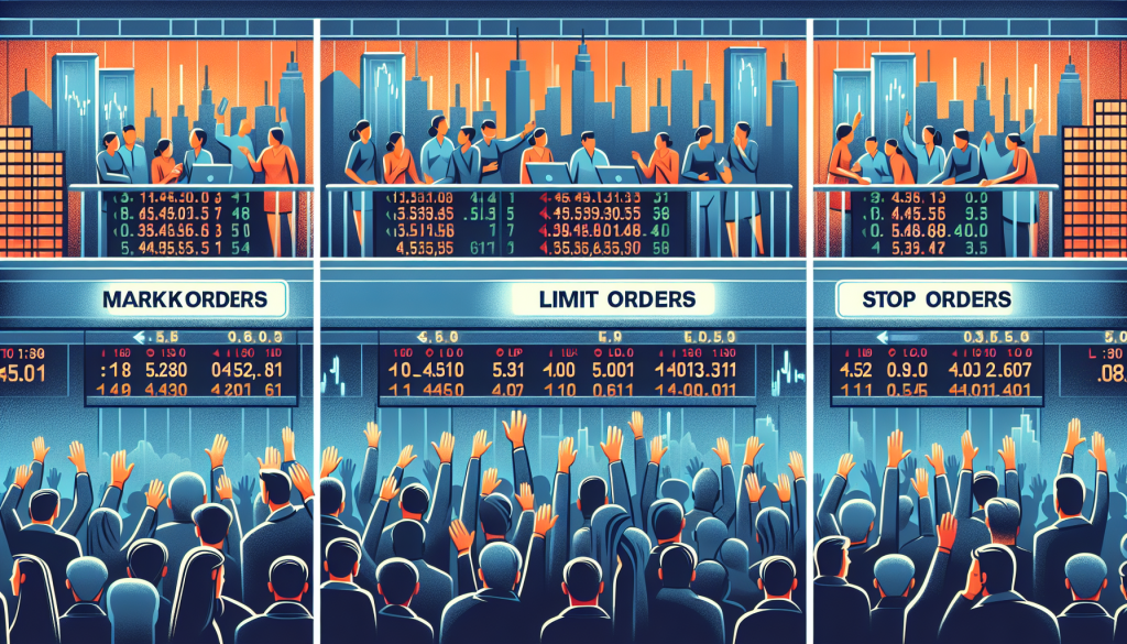 Crowds of people raise their hands beneath digital panels showing market and limit orders.