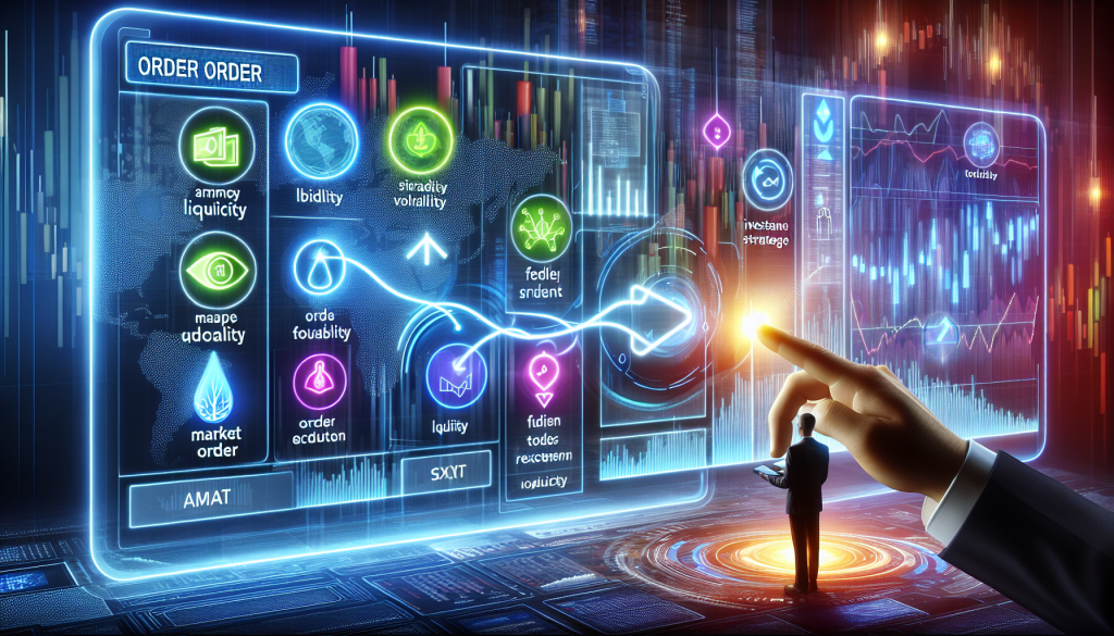 A glowing digital interface shows financial order choices and market strategy metrics.
