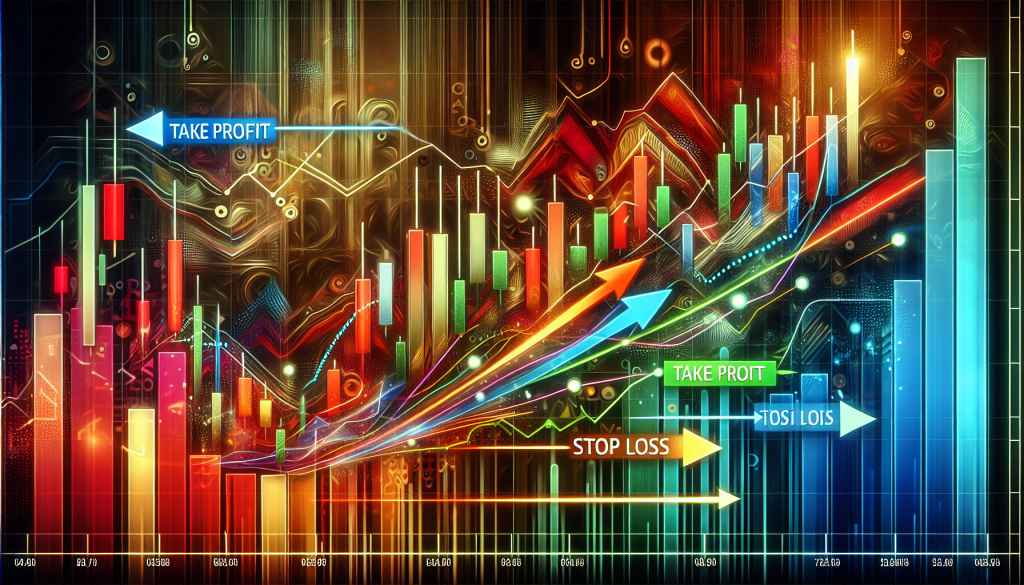 Colorful financial stock charts display indicators for take profit and stop loss levels.