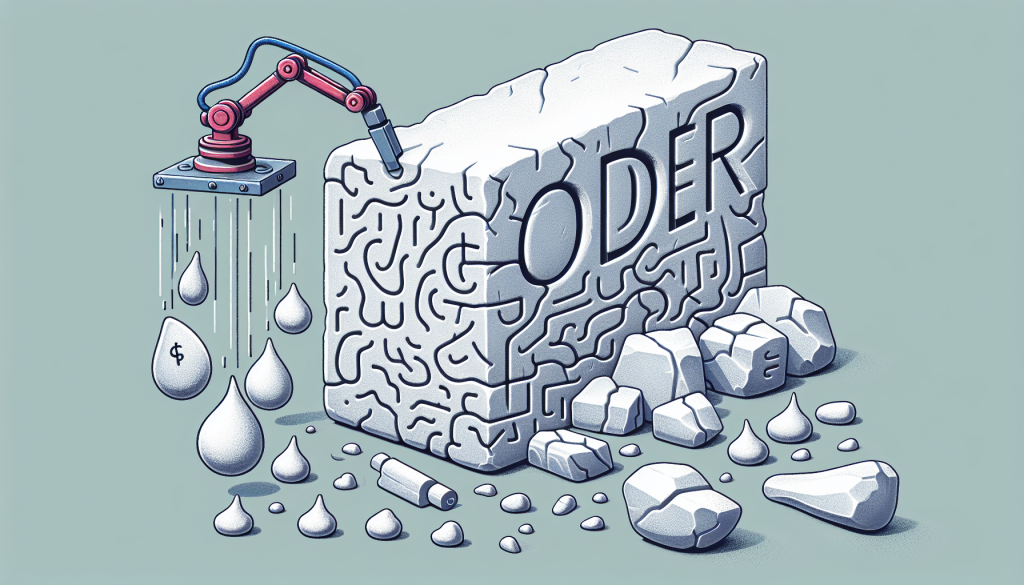 A small robotic arm carves shapes into a large textured stone block.