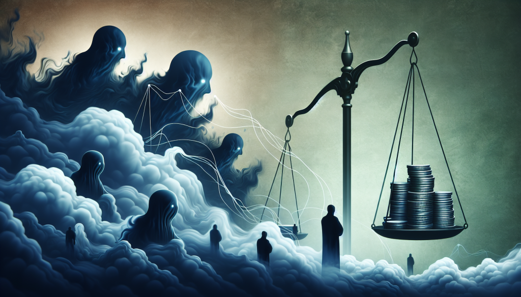Shadowy figures emerge from clouds near a scale weighing stacks of coins.