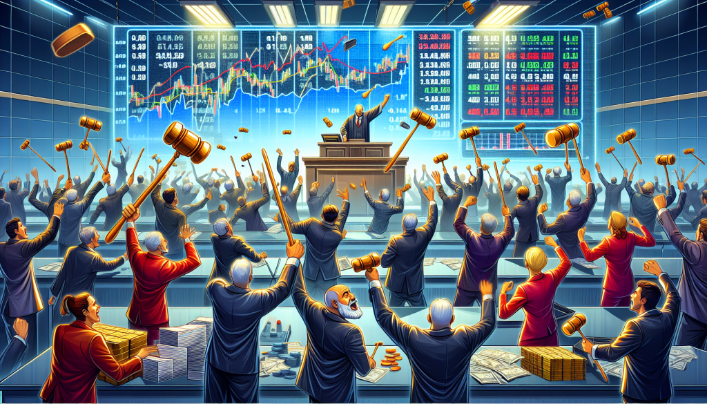 An enthusiastic crowd of traders holds up gavels before large financial market charts.