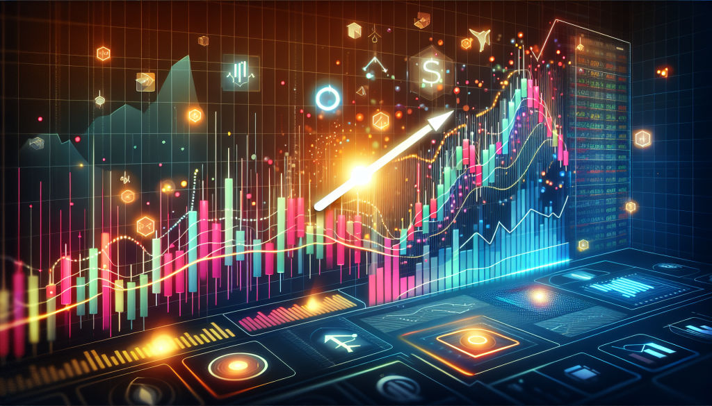 Glowing financial candlestick charts and upward arrows display live stock market activity.