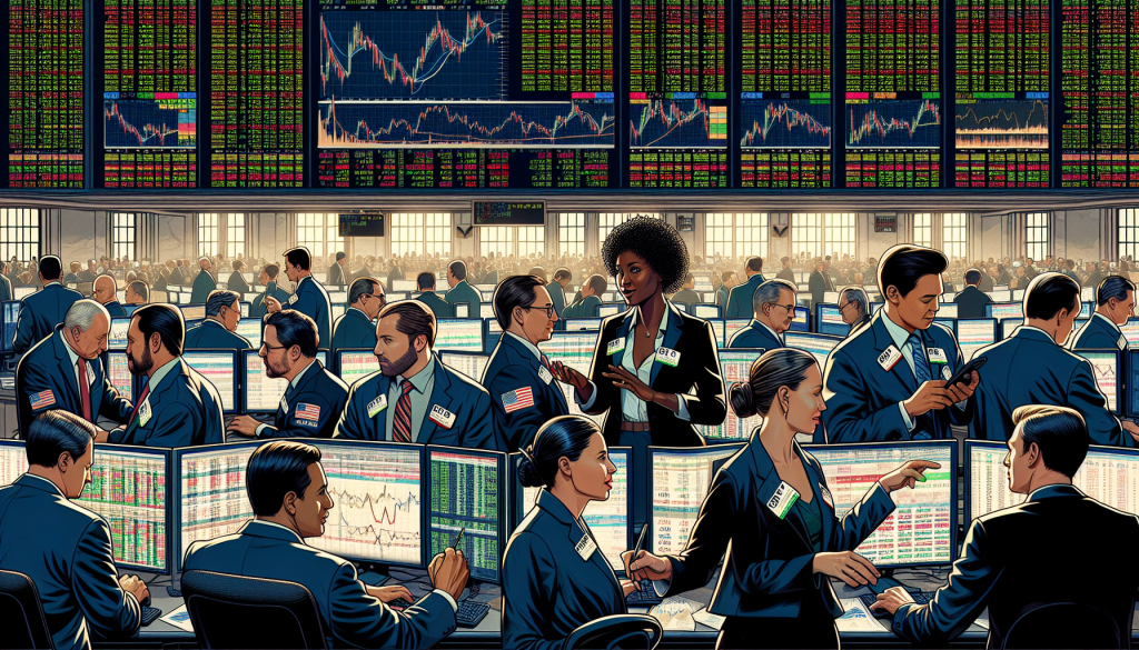 Traders work at computer desks beneath large glowing digital stock market boards.