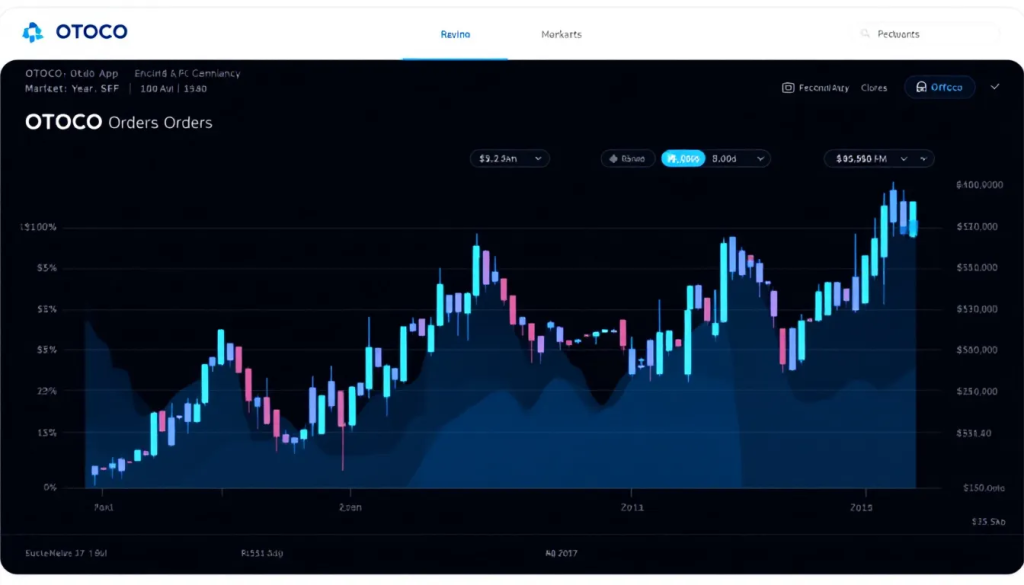 A dark mode financial trading platform interface displays live candlestick charts and market data.