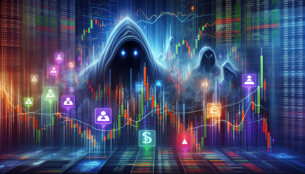 Glowing figures and digital candlestick charts illustrate financial markets during active trading sessions.