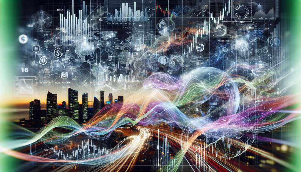 A glowing city skyline merges with vibrant digital charts and international trading data streams.