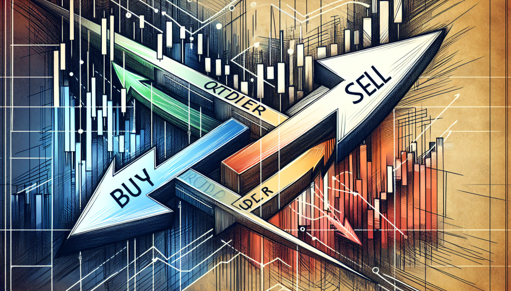 Large arrows labeled buy and sell point across intricate financial market charts and graphs.