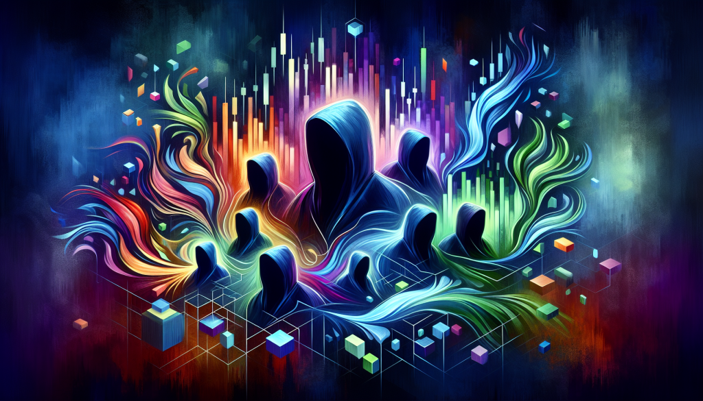Mysterious hooded figures stand amid colorful digital waves and rising financial market charts.