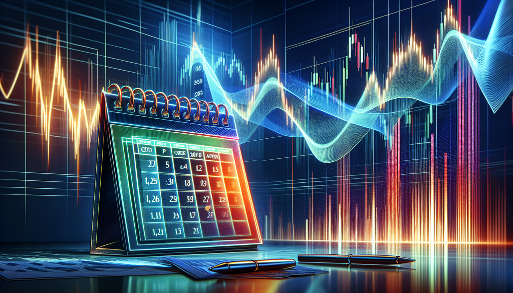 A glowing calendar and pens sit before digital stock market charts and trend lines.