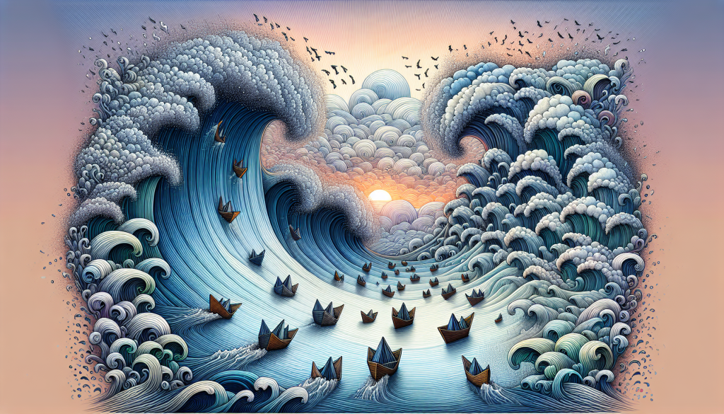 Several small paper boats navigate turbulent blue ocean waves under a bright sunrise.
