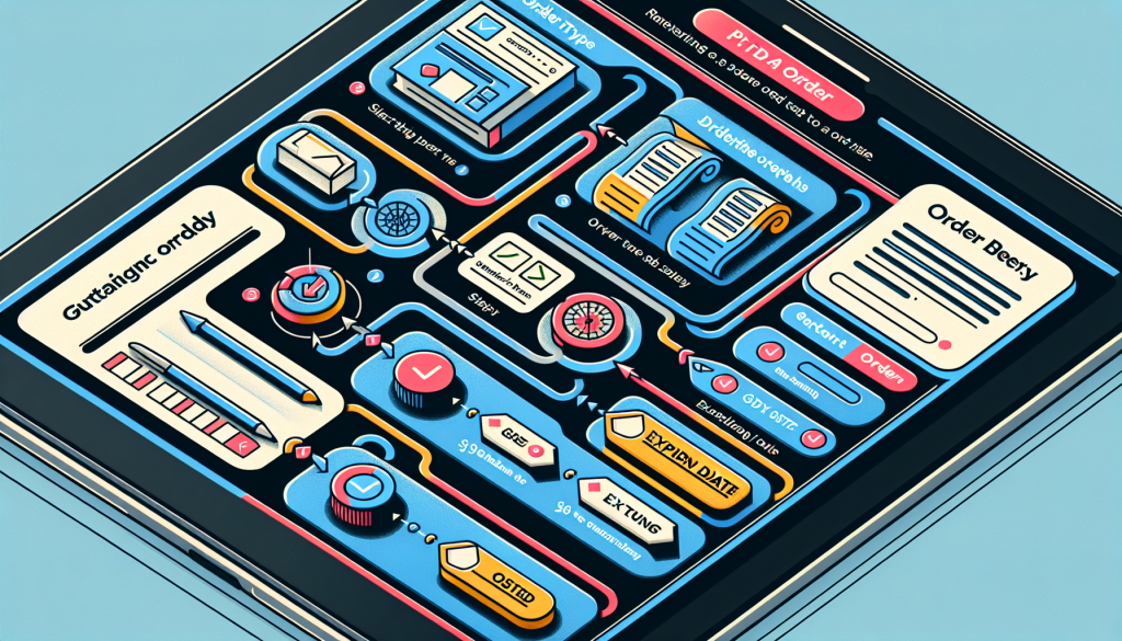 A stylized digital interface displays interactive trading menus and workflow steps clearly.