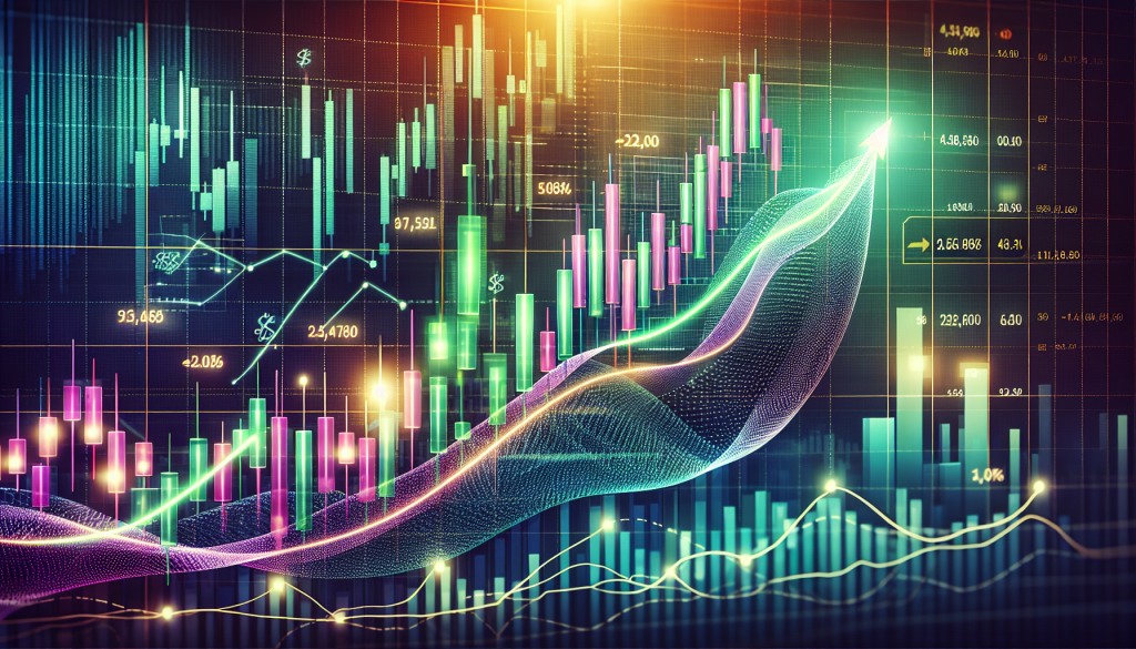 Glowing green and purple candlestick charts illustrate dynamic financial market trends and trading metrics.