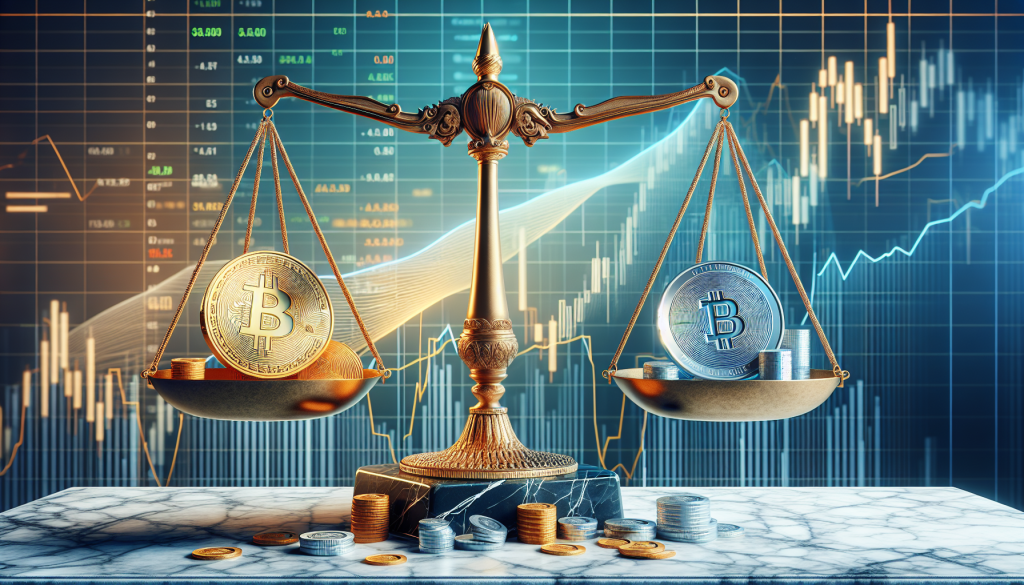 A golden balance scale weighs cryptocurrency coins in front of glowing financial stock charts.