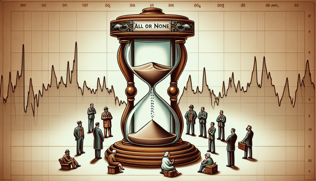An ornate vintage hourglass labeled all or none stands before financial market charts.