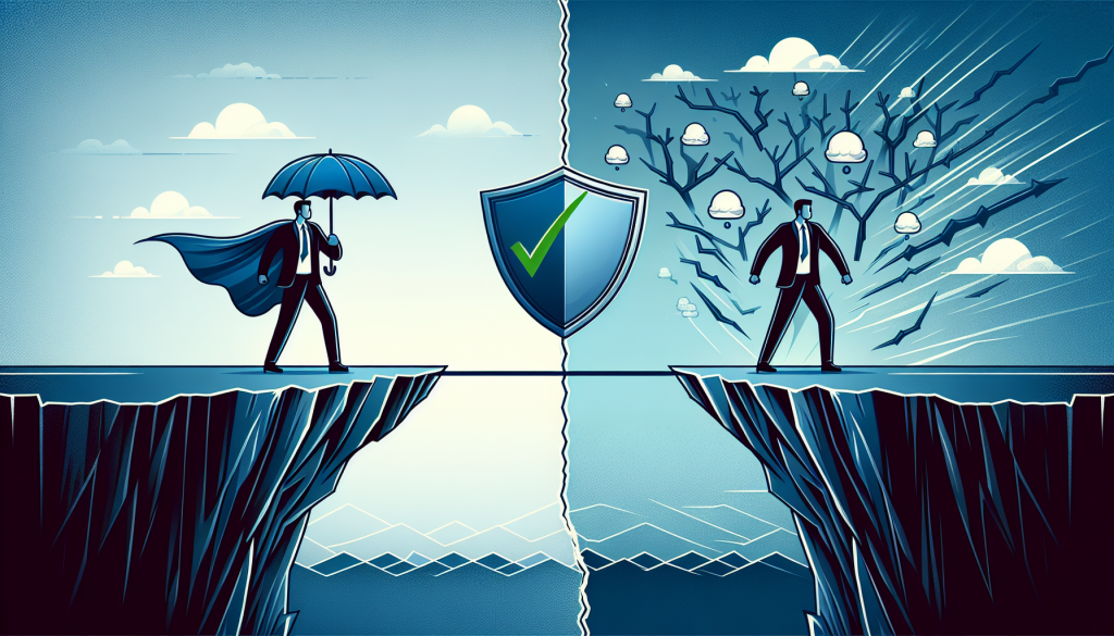 A split scene contrasts a calm protected person with a stormy marketplace environment.